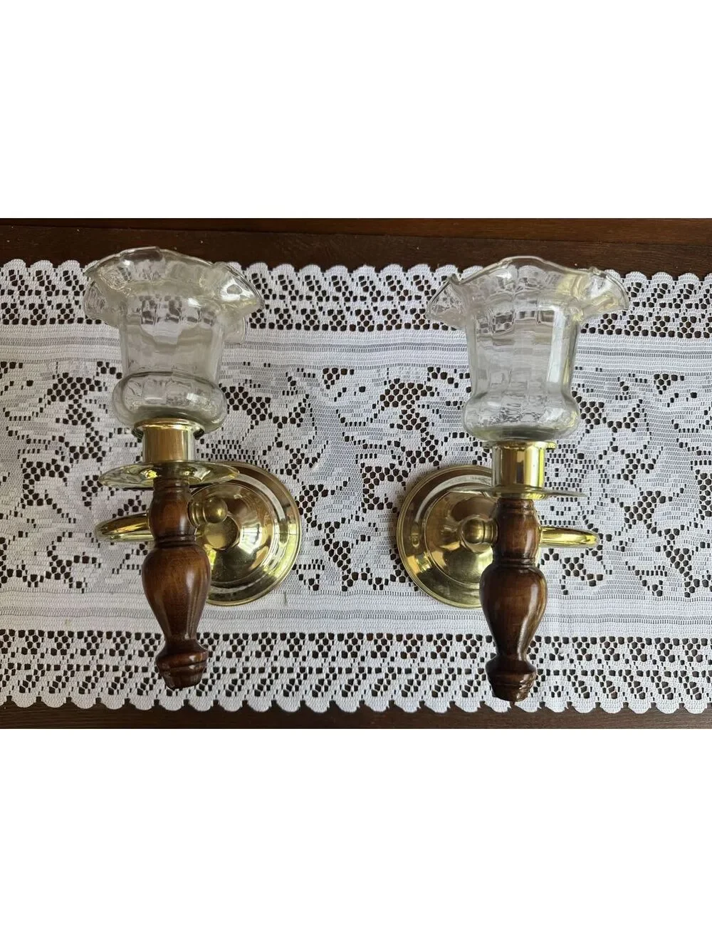 Vintage Pair of Wall Sconces with Wooden Handles and Glass Shades